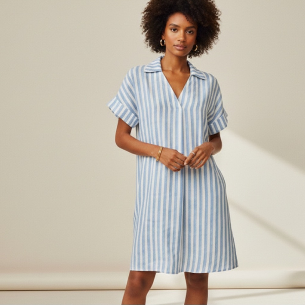 Inclan Studio Irma Dress Blue White Vertical Striped Linen V-Neck Tunic Size S
